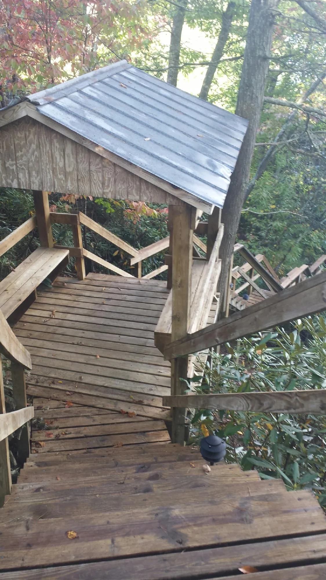 Metal roofed shelter over wooden steps on a wooded walkway — Skylight Repair & Installation work by our crew in Jonesborough
